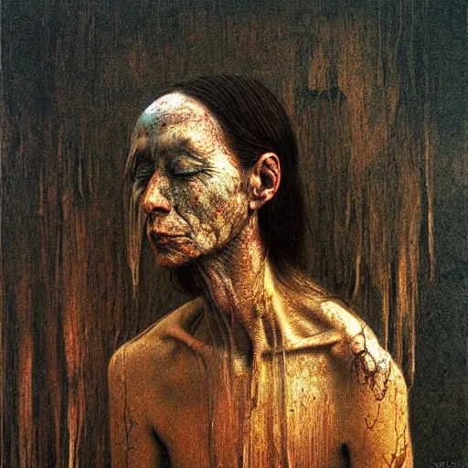 Prompt: portrait of 8000 years old girl, painting by Beksinski