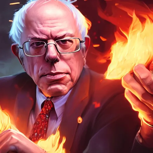 Image similar to portrait of bernie sanders burning money, league of legends amazing splashscreen artwork, splash art, natural light, elegant, photorealistic facial features, intricate, fantasy, detailed face, atmospheric lighting, anamorphic lens flare, cinematic lighting, league of legends splash art, hd wallpaper, ultra high details by greg rutkowski