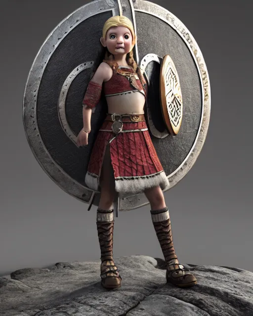 Image similar to a toy of a viking girl with her shield raised to defend, pixar style, authentic viking armor, historically accurate, clean detail, symmetrical, octane render, studio lighting