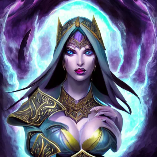 Image similar to dark elf sorceress casting prismatic spells, magic the gathering, portrait, detailed
