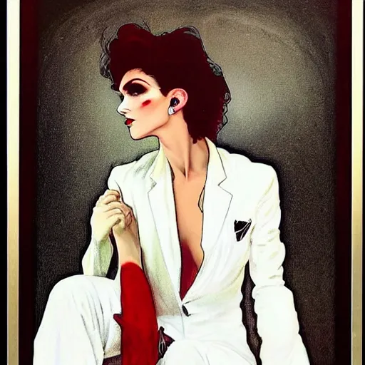 Prompt: ravishing portrait of androgynous ruby rose as desire from sandman in a white tuxedo!!!, rockabilly style,, by alphonse mucha, by jeremy mann, by peter lindbergh, dave mckean, by frank moth, white suit and black tie, soft lightning, high detailed, 8 k