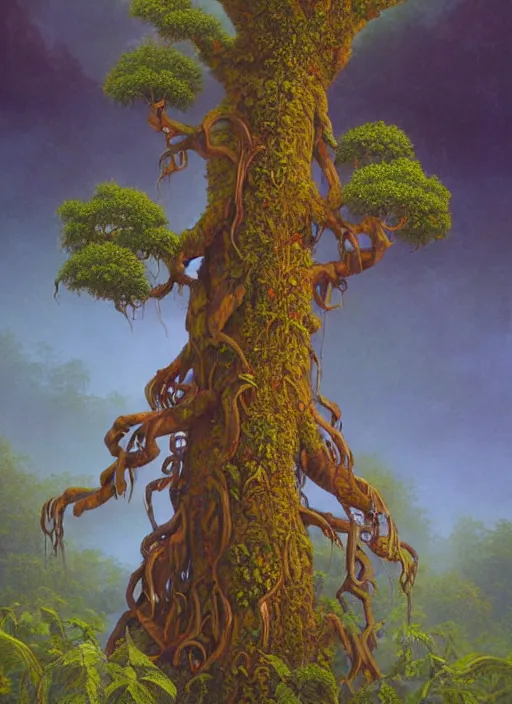 Image similar to ayahuma tree looking like an ent with brown round fruits, god rays at the top, art by christophe vacher