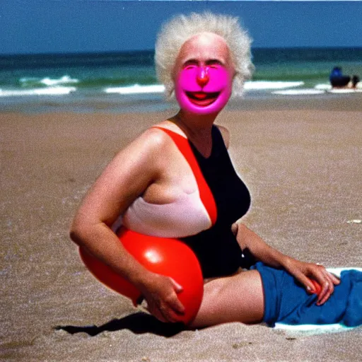 Image similar to 1981 woman on tv show wearing a happy squishy inflatable prosthetic mask, soft color wearing a swimsuit at the beach 1981 color film 16mm holding a an inflatable fish Fellini John Waters Russ Meyer Doris Wishman old photo