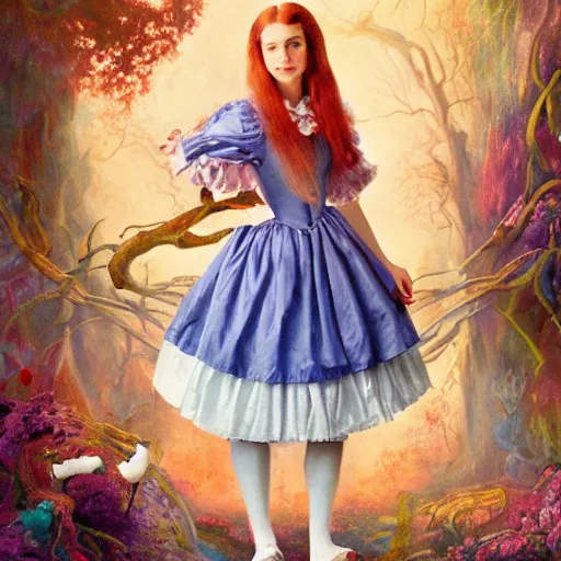Prompt: A portrait of Alice in wonderland, oil painting, majestic, detailed, high resolution