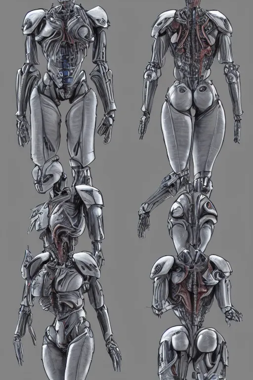 Image similar to arcee transfomers with gunmetal grey skin, medical anatomy, very symmetrical face, highly detailed, mecha, three - perspective / three - view reference sheet ( front / back / side ), in the style of dan ouellette, hr giger, sil from species, dren from splice, biomechanical, artstation, unreal engine