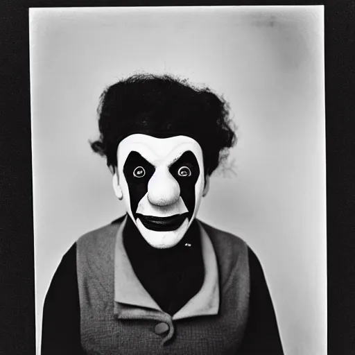 Image similar to portrait of a clown by Diane Arbus, 88mm, black and white photography