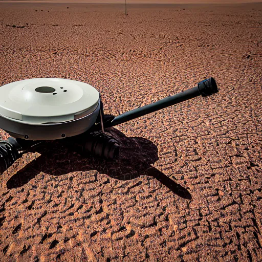 Image similar to peaceful mobile camoflaged rugged weather station sensor antenna on all terrain tank wheels, for monitoring the australian desert, XF IQ4, 150MP, 50mm, F1.4, ISO 200, 1/160s, dawn