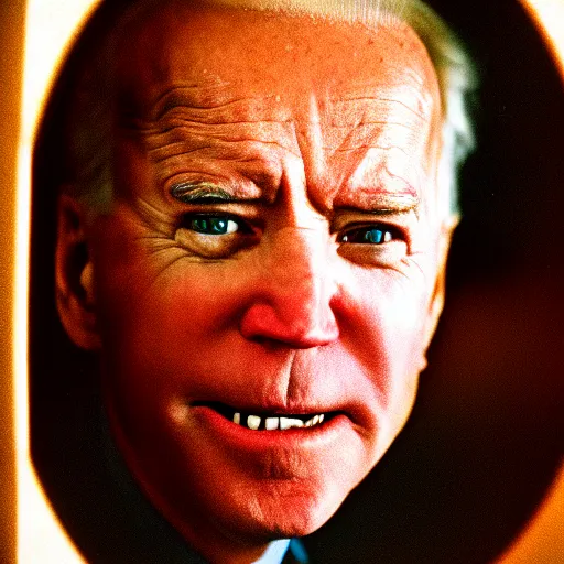 Prompt: A close-up portrait of Joe Biden's manic crazy face peeking through a hole in a door, film still from The Shining by Stanley Kubrick, Eastman Color Negative II 100T 5247/7247, ARRIFLEX 35 BL Camera