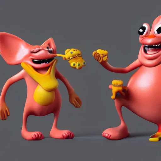 Image similar to ren and stimpy, 3 d character design, rendered in octane render, unreale engine