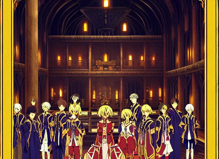 Prompt: key anime visual portrait of a castle's main hall interior with throne, servants, nobles, designed by mika pikazo, dynamic pose, dynamic perspective and angle, cinematic, film grain, detailed, intricate, at night, dramatic lighting