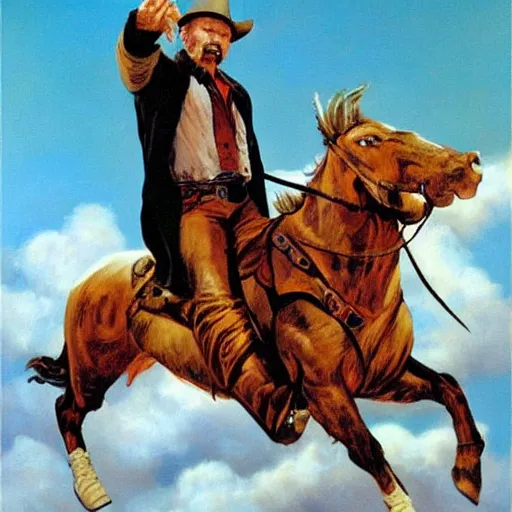Prompt: Vladimir Lenin as heroic cowboy, painting by Boris Vallejo