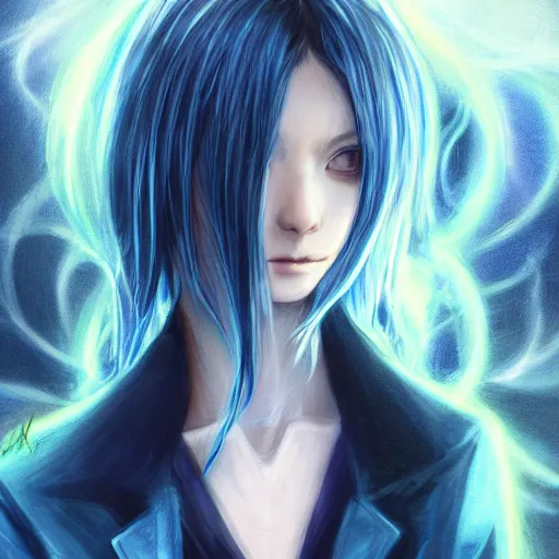 Image similar to full face shot of rimuru tempest, sky blue straight hair, long bangs, with amber eyes, wearing a fancy black jacket, high collar, ultra detailed, brush strokes, digital painting, cinematic, wlop artstation, closeup, pixiv, eerie, scary, intimidating glare, evil, yoshitaka amano, junji ito,