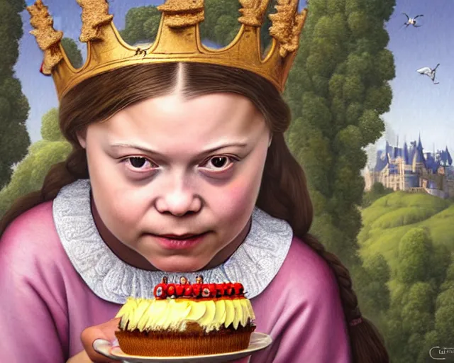 Image similar to closeup profile medieval bosch portrait of greta thunberg as a fairytale princess wearing a crown eating cakes in the castle kitchen, nicoletta ceccoli, mark ryden, lostfish, max fleischer, hyper realistic, artstation, illustration, digital paint, matte paint, vivid colors, bright, cheerful, detailed and intricate environment