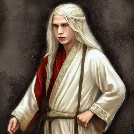 Prompt: teen boy, long white hair, white daoist robes, digital painting, highly detailed, full body, d&d, by sophie anderson