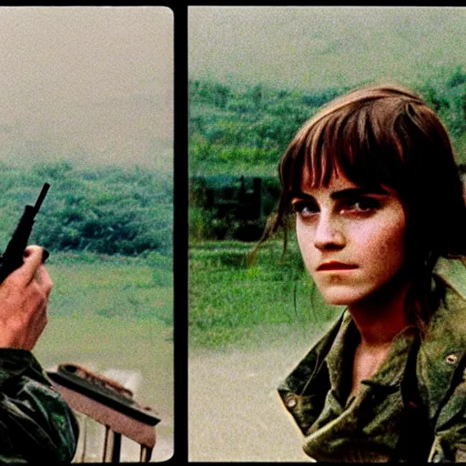 Image similar to film still, extreme far view, emma watson vietnam door gunner, film still from apocalypse now ( 1 9 7 9 ), 2 6 mm, kodak ektachrome, blue tint expired film,