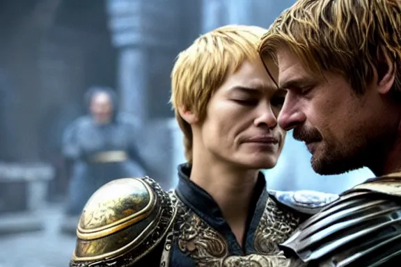 Image similar to very very intricate photorealistic photo of jaime lannister defeating cersei, photo is in focus with detailed atmospheric lighting, award - winning details