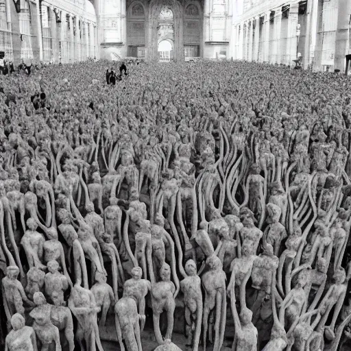 Prompt: hundreds of humans. A sea of humans. interconnected flesh. Crowdcrush. Many humans intertwined and woven together. Bodies and forms amesh. Sculpture by Alberto Giacometti.