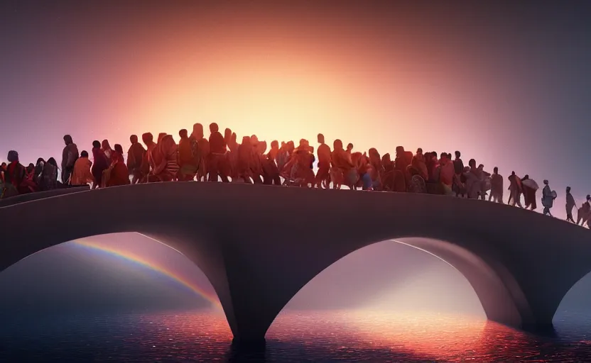 Image similar to incredible, mindblowing, refugees crossing a beautiful bridge made of rainbow hardlight, matte painting, artstation, cgsociety, dramatic lighting, concept art, octane render, arnold 3 d render