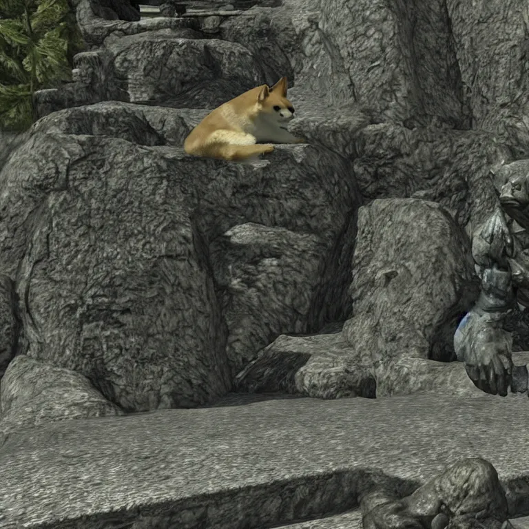 Prompt: a stone shiba inu statue guarding a draugr tomb in skyrim