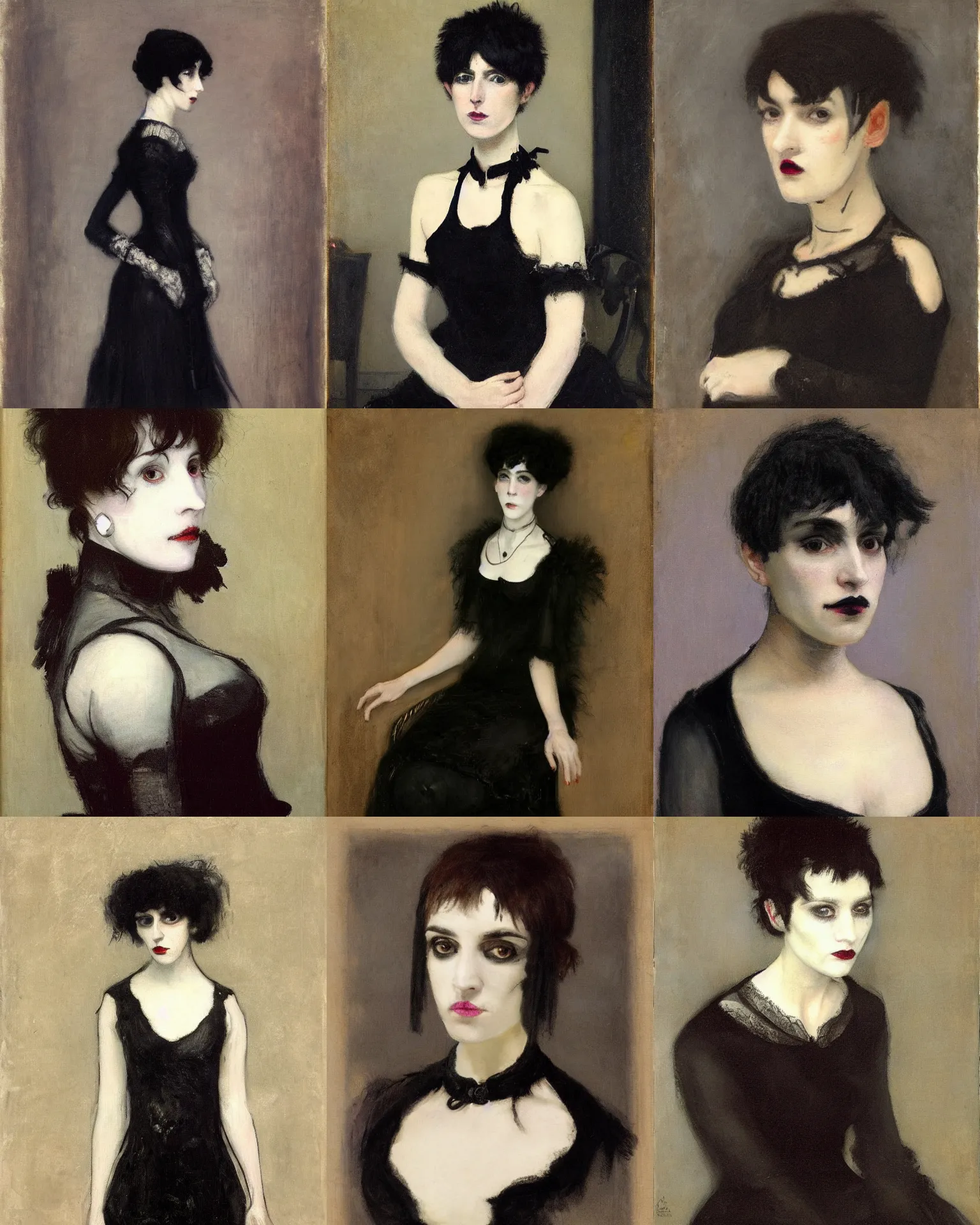 Prompt: A goth portrait painted by James McNeill Whistler. Her hair is dark brown and cut into a short, messy pixie cut. She has a slightly rounded face, with a pointed chin, large entirely-black eyes, and a small nose. She is wearing a black tank top, a black leather jacket, a black knee-length skirt, a black choker, and black leather boots.