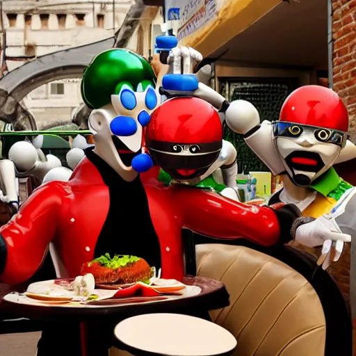 Prompt: dr robotnik eating at an italian restaurant surrounded by robots from sonic