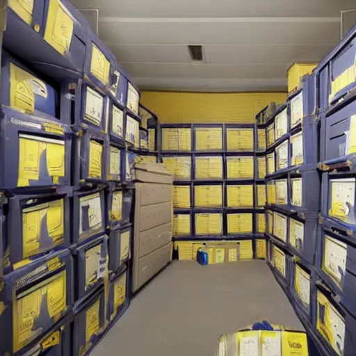 Prompt: the simpsons basement with boxes of documents in it