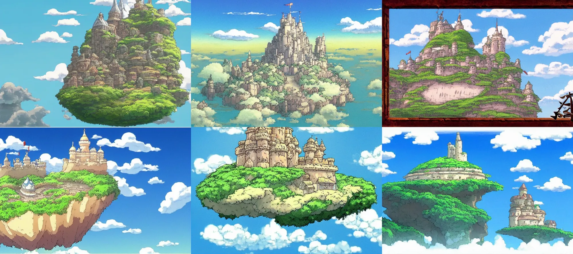 Prompt: floating island in the sky with ancient castle on it, laputa, studio ghibli, anime style