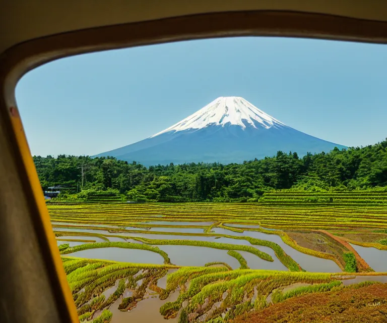 Image similar to a photo of mount fuji, japanese landscape, rice paddies, beautiful sky, seen from a window of a train.