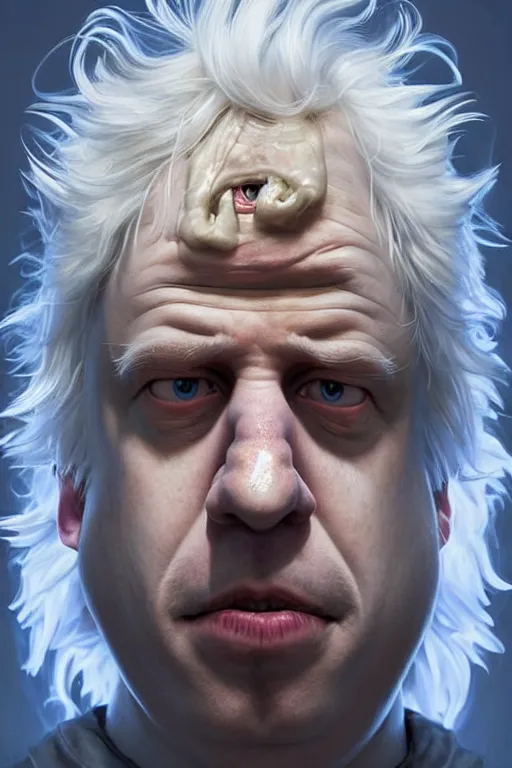 Image similar to Boris Johnson looks exactly like Rick Sanchez, unibrow, white robe, big eyes, 3d octane render, symmetrical, highly detailed, digital painting, artstation, concept art, smooth, sharp focus, illustration, cinematic lighting, art by artgerm and greg rutkowski and alphonse mucha