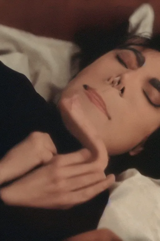 Image similar to film still of michael jackson asleep within a coffin, portrait, 4k