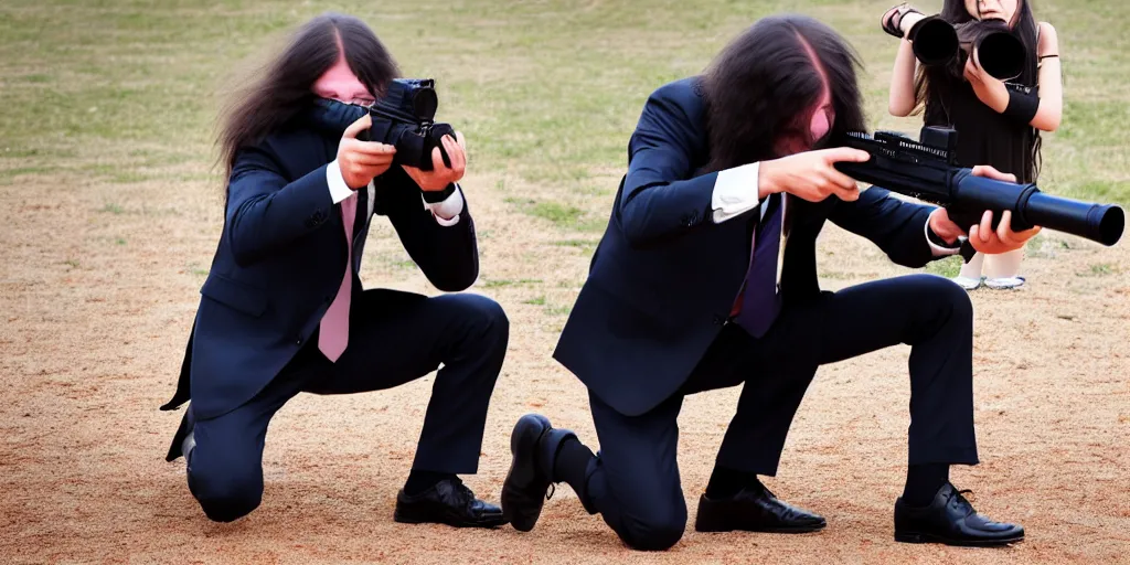 Prompt: a long hair man in suit with a gun aimed the lens while helping a jk girl squatting on the ground stand up.