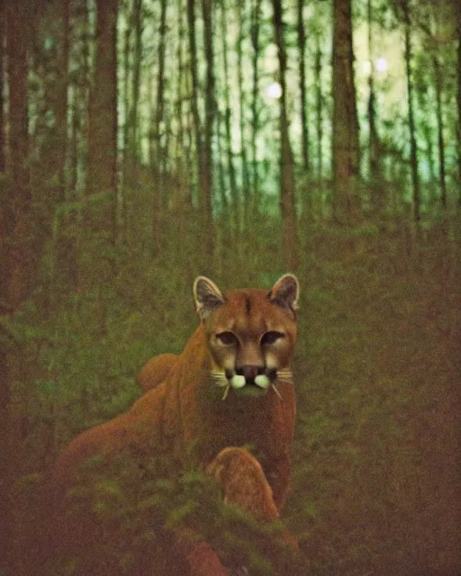 Image similar to cougar in forest at night, shot from drone, grainy, polaroid