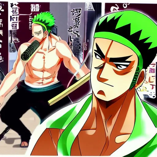 Image similar to roronoa zoro playing videogames, manga style