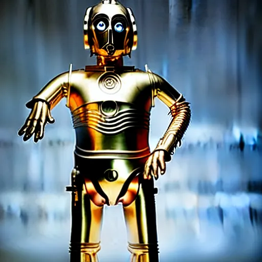 Image similar to mr. bean as c 3 po from star wars. movie still. cinematic lighting.