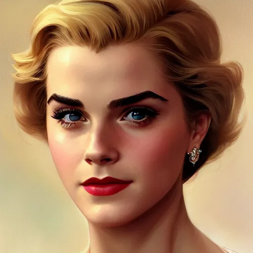 Image similar to A combination of Grace Kelly's and Emma Watson's and Katherine McNamara's faces as Super Girl, western, D&D, fantasy, intricate, elegant, highly detailed, digital painting, artstation, concept art, matte, sharp focus, illustration, art by Artgerm and Greg Rutkowski and Alphonse Mucha