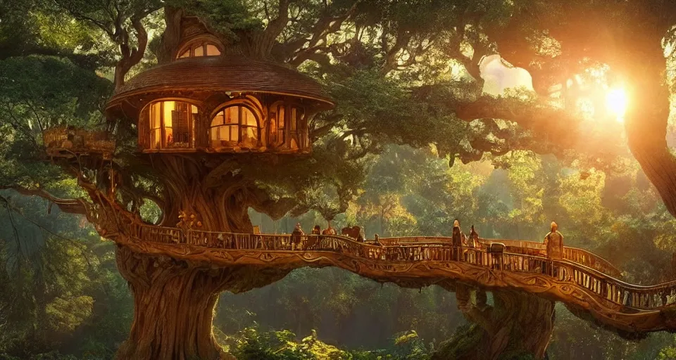 Prompt: An incredibly beautiful scene from a 2022 Marvel film featuring a cozy art nouveau reading nook in a fantasy treehouse interior. Ancient books. A tree trunk. Suspended walkways. Golden Hour. 8K UHD.
