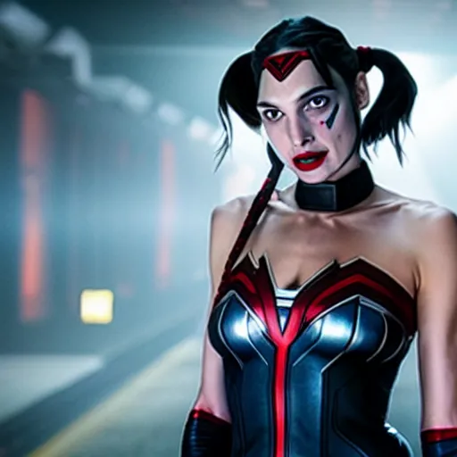 Image similar to A still of Gal Gadot as Harley Quinn