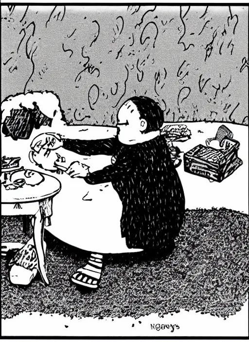 Image similar to child eating mcdonald's, by edward gorey