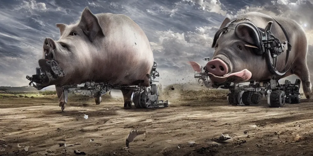 Prompt: beautiful extreme wide photo of, a single enormous mechanized metal pig machine destroying a philidelphia, cinematic, in the style of a nature documentary full body