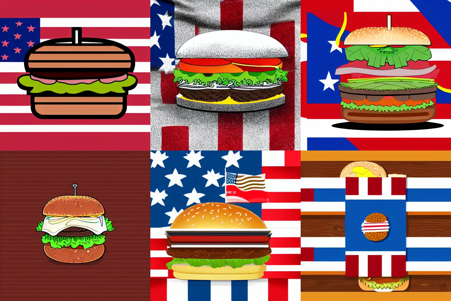 Prompt: beautiful detailed digital vector illustration of a burger with a flag sticking out of it