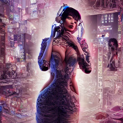 Prompt: the portrait of an absurdly beautiful, graceful, elegant, sophisticated, fashionable cyberpunk gravure idol, an ultrafine hyperdetailed illustration by kim jung gi, irakli nadar, hong june hyung, intricate linework, bright colors, porcelain skin, mixed metals, unreal engine 5 highly rendered, global illumination, radiant light, detailed and intricate environment