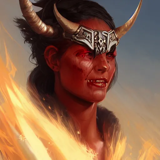 Prompt: portrait of a strong furious female berber tiefling barbarian with red skin, devil horns and black hair in a ponytail wearing a steel chestplate in a desert, fantasy, highly detailed, digital painting, artstation, concept art, character art, art by greg rutkowski and tyler jacobson and alphonse mucha