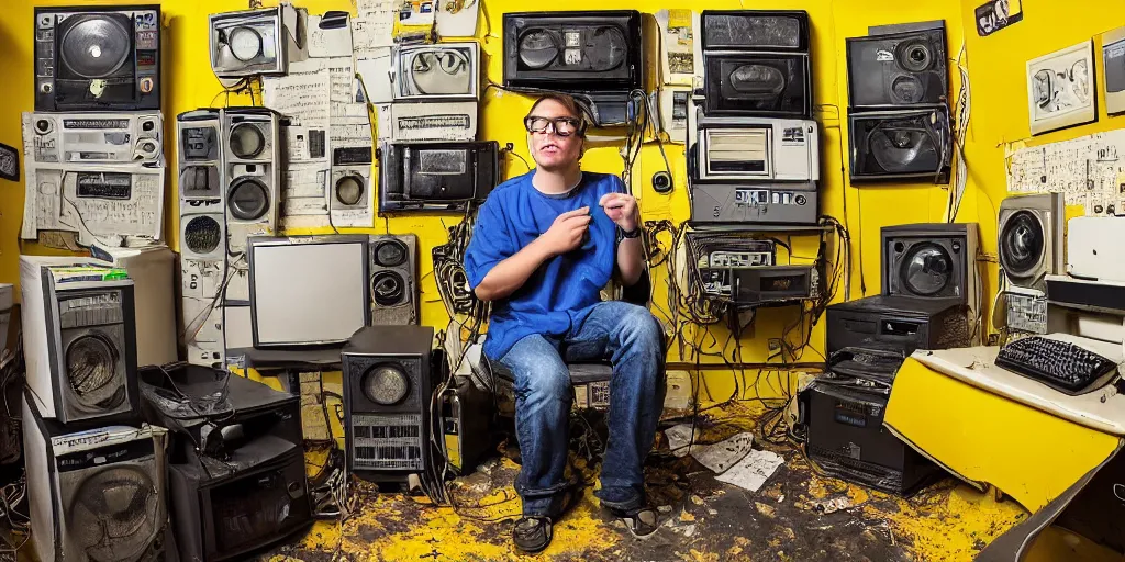 Image similar to typical cryptocurrency nerd, sitting in front of old 9 0's computer, yellow bitcoin posters on walls, shilling, crt tubes, cables everywhere, damp basement decay fat and dirty, scruffy looking, claustrophobia, humidity mold, award - winning photomanipulation