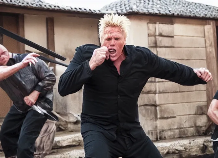 Image similar to film still of Gary Busey fighting Ninjas in the new Bloodsport movie, 8k