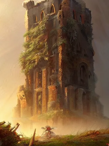 Prompt: ruins of a crumbling giant tower falling down. elegant, highly detailed, digital painting, artstation, concept art, sharp focus, illustration, by justin gerard and artgerm, 8 k