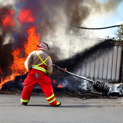 Image similar to a clown wearing firefighter clothes, using a flamethrower on a dumpster fire