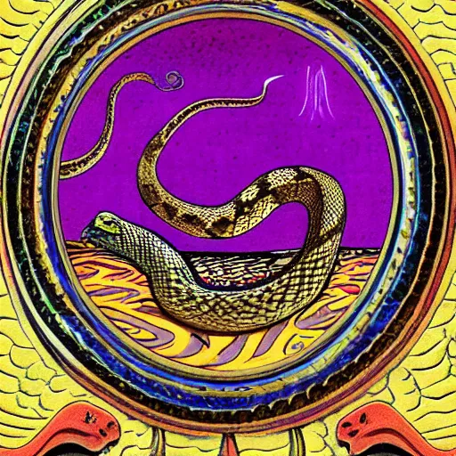 Prompt: a snake biting itself in the center of a tarot card, intricate details in the frames, 4k, high quality render.