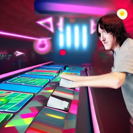 Image similar to elliott smith playing dance dance revolution, ultra realistic, 8 k, photorealistic