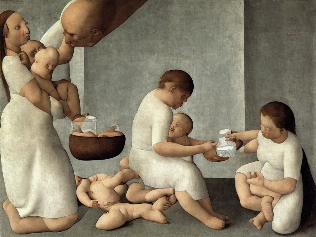 Prompt: Close up of delicate hands giving milk to a baby at the chest, water jug, white dress. Painting by Piero della Francesca, Morandi, Balthus