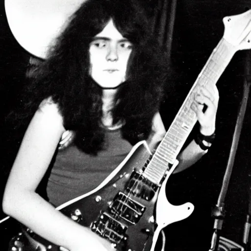 Image similar to 19-year-old girl, long shaggy black hair, playing electric guitar, stoner rock concert, proto-metal, doom metal, live on stage, super 8mm, 1973